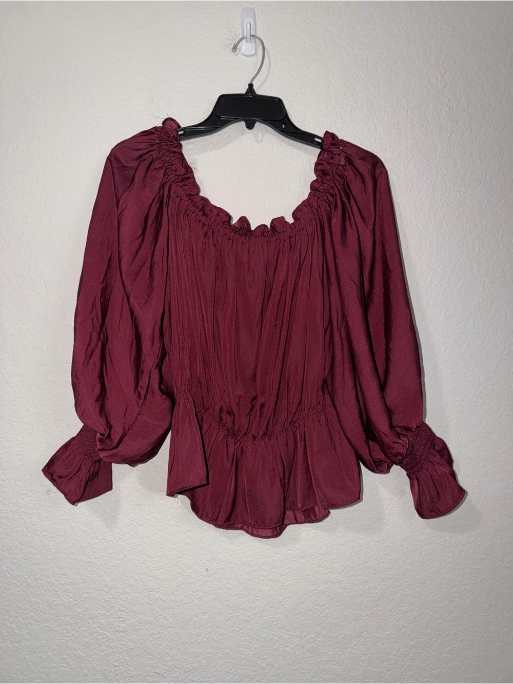 She + Sky Boho Smocked Peasant Blouse in Deep Wine